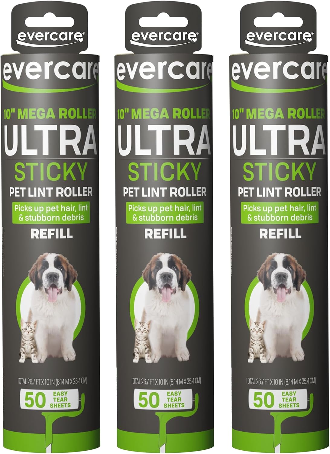 Evercare 10-Inch Mega All-Purpose Pet Hair Lint Roller Refill, 50 Sheets – Sticky Roller for Pet Hair, Cat & Dog Hair Remover, Lint Remover, Pet Hair Remover for Furniture, Clothing & Cars