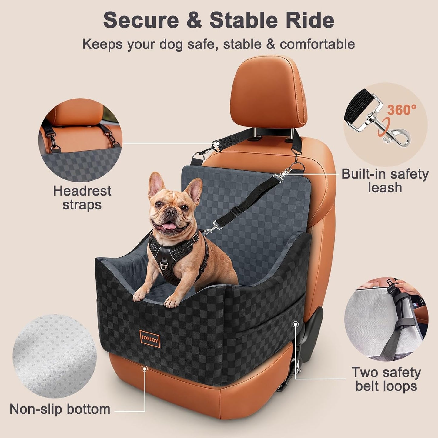 JOEJOY Elevated Dog Car Seat for Small/Medium Dogs up to 35 lbs, Memory Foam Booster Seat with Detachable Washable Cover, Travel-Safe Car Bed with Safety Belts & Storage Pockets, Grey