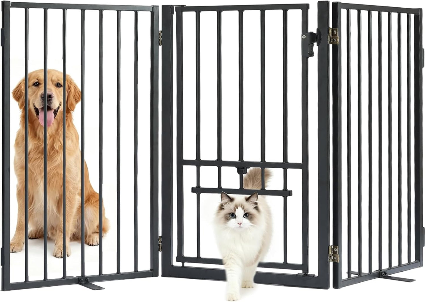 Metal Freestanding Dog Gate with Cat Door for Outdoor Indoor,80" Extra Wide Foldable Pet Fence,30" Tall Dog Gate for Large Opening,Stairs,Hallways,Doorways,Deck,Yard,with 3PCS Support(4 Panels,Black)