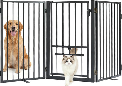 Metal Freestanding Dog Gate with Cat Door for Outdoor Indoor,80" Extra Wide Foldable Pet Fence,30" Tall Dog Gate for Large Opening,Stairs,Hallways,Doorways,Deck,Yard,with 3PCS Support(4 Panels,Black)
