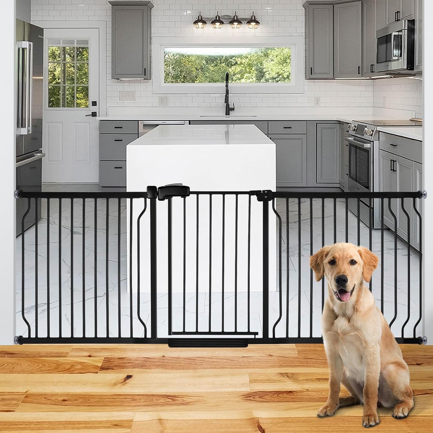 Extra Wide Baby Gate for Stairs Doorways with Door, 30" Tall 57.1-66.5" Wide Easy Install Dog Gate Indoor, Safety Metal Pressure Mounted Pet Gate with Walk-Thru Auto Close for the House, Black