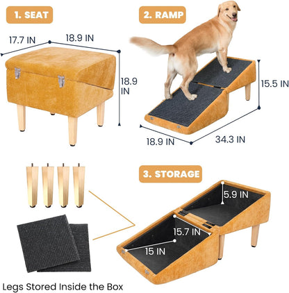 3-in-1 Dog Ramp 18.9"×17.7"×18.9" with Storage – Pet Stairs for Senior & Injured Dogs & Cats, Hidden Storage Footstool, Ottoman Anti-Slip, Supports 220 lbs for Beds & Sofas (Blue-pro)