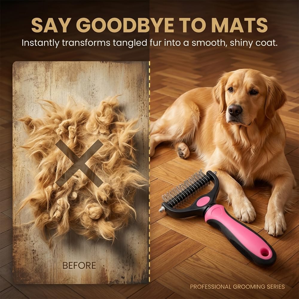 Pet Grooming Tool for Dogs & Cats, Double Sided Deshedding Brush with Undercoat Rake, Dematting Comb for Long Thick Coats, Pet Hair Removal Grooming Comb for Shedding & Detangling (1, Blue, Large)