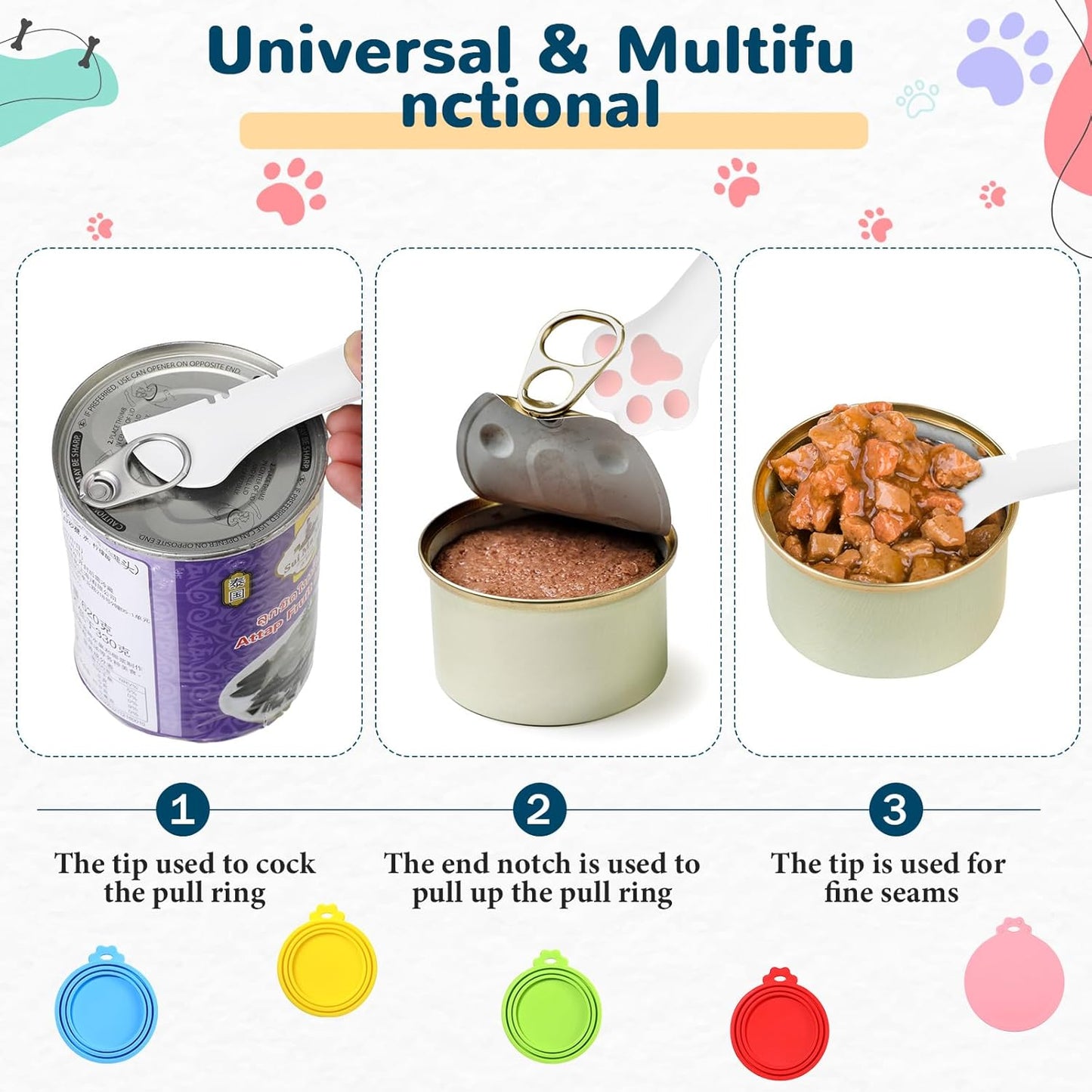 Uiifan 8 Pcs Cat Food Can Covers Lids Set, Silicone Pet Food Can Lids with Multi-Function Cat Foods Spoon and Opener, Silicone Wet Foods Spoon for Cats and Dogs(Pink)