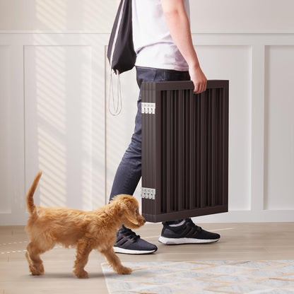 Freestanding Dog Gates Indoor, 3-Panel Pet Gates with 2 Metal Stands and 360° Hinge, 24" H Foldable Dog Gate for Stairs, Doorway, Kitchen, Expands Up to 55" Fully Assembled - Black Walnut
