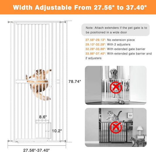 78.7" Extra Tall Transparent Cat Gate for Doorway, PC Board Clear Pet Gate with 27”-37” Adjustable Width, Pressure Mounted Dog Gate with Auto Locking, for Stairs/Kitchen/Hallways, No Drilling