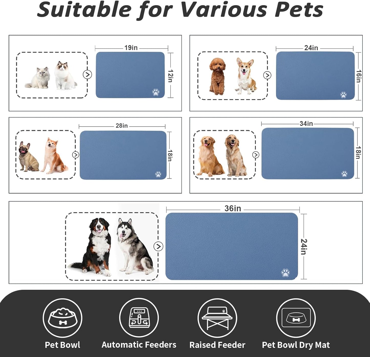 HotLive Dog Food Mat - Absorbent Cat Mat for Food and Water, No Stains Pet Feeding Bowl Mat, Easy to Clean Pet Placemats, Quick Dry Dog Water Dispenser Mat for Messy Drinkers | Paw Dark Grey 12"x 19"