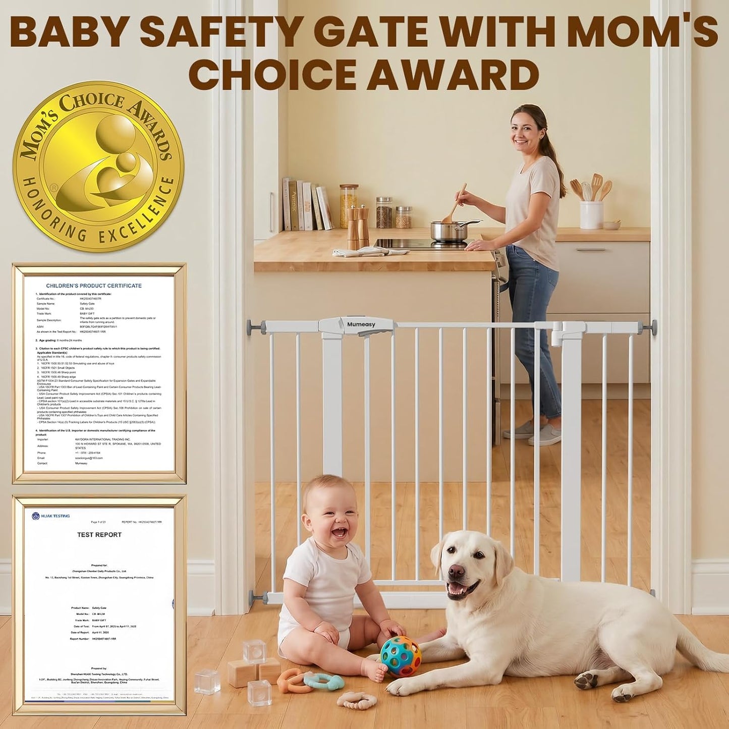 Mumeasy 29.7-46" Baby Gate for Stairs, Pressure Mounted Dog Gate for Doorways, Auto Close Walk Through Pet Gate Indoor, Extra Wide Metal Child Safety Gate, Mom's Choice Awards Winner, Black