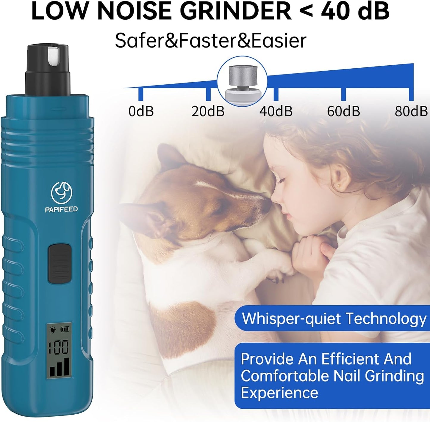 PAPIFFEED Dog Nail Grinder with LCD Display – Quiet Electric Nail Trimmer with Dual LED Light, Safe for Black & Thick Nails, Rechargeable for Small Medium Large Dogs & Cats (White)