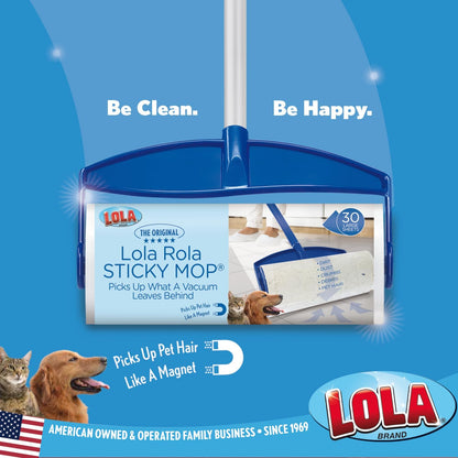 LOLA Rola PET Hair Remover Sticky Mop, Giant Floor Lint Roller, 9" x 3.5", Aluminum Handle, Largest Head, Traps Hair, Dust, Dirt, Extra Sticky Sheets