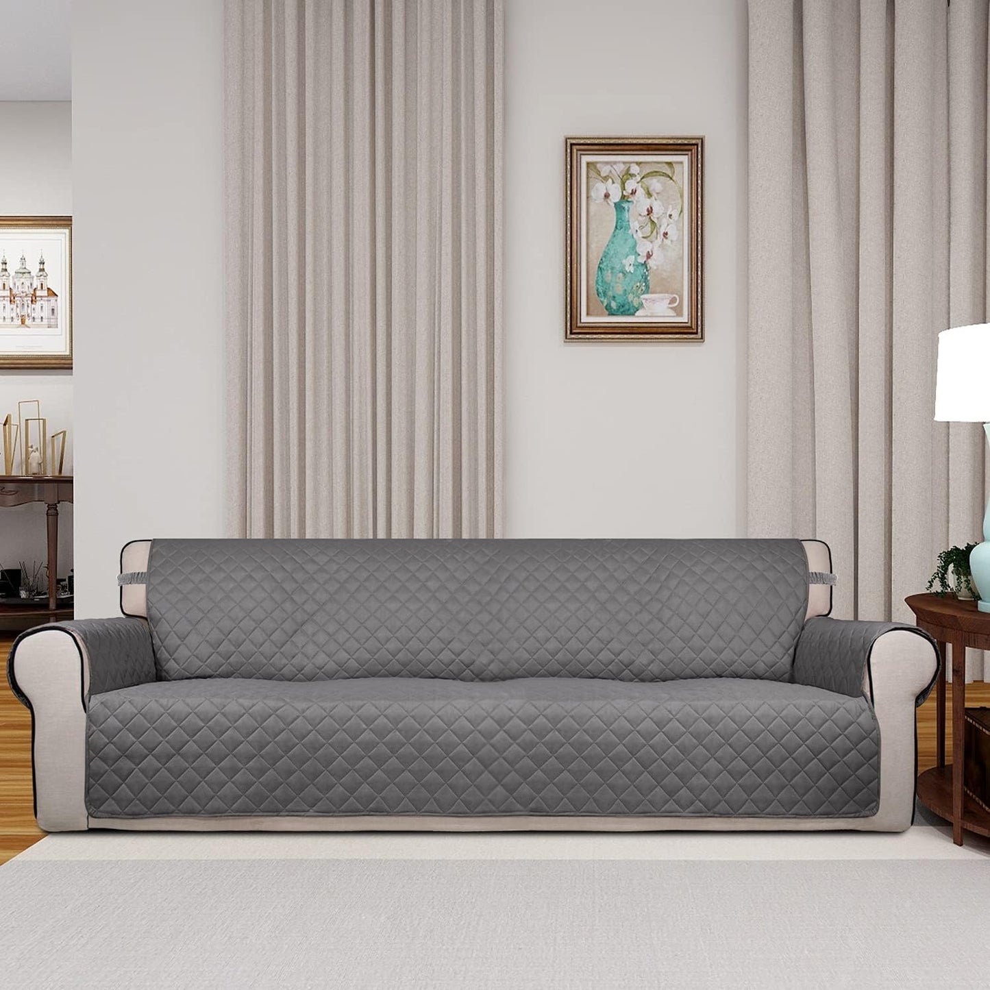 PureFit Reversible Quilted Sofa Cover, Water Resistant Slipcover Furniture Protector, Washable Couch Cover with Non Slip and Elastic Straps for Kids, Dogs, Pets (Sofa, Gray/Light Gray) - Colors B