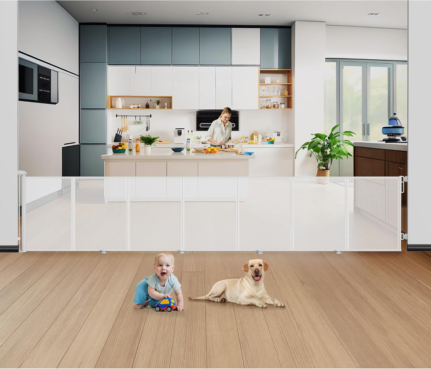 Uamector 138-Inch Extra Wide Retractable Baby Gate & Dog Gate, Reinforced Mesh Safety Gate Adjustable for Large Openings - Stairs, Doorways, Hallways - Indoor/Outdoor Use