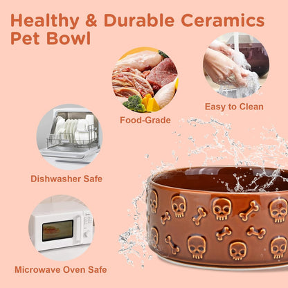 SPUNKYJUNKY Elevated Dog Bowls Ceramic, 6.1'' Dogs and Cat Food Water Bowls Raised with Non-Slip Bamboo Stand for Medium Sized Breed Microwave Dishwasher Safe - 28.7 OZ,Beige