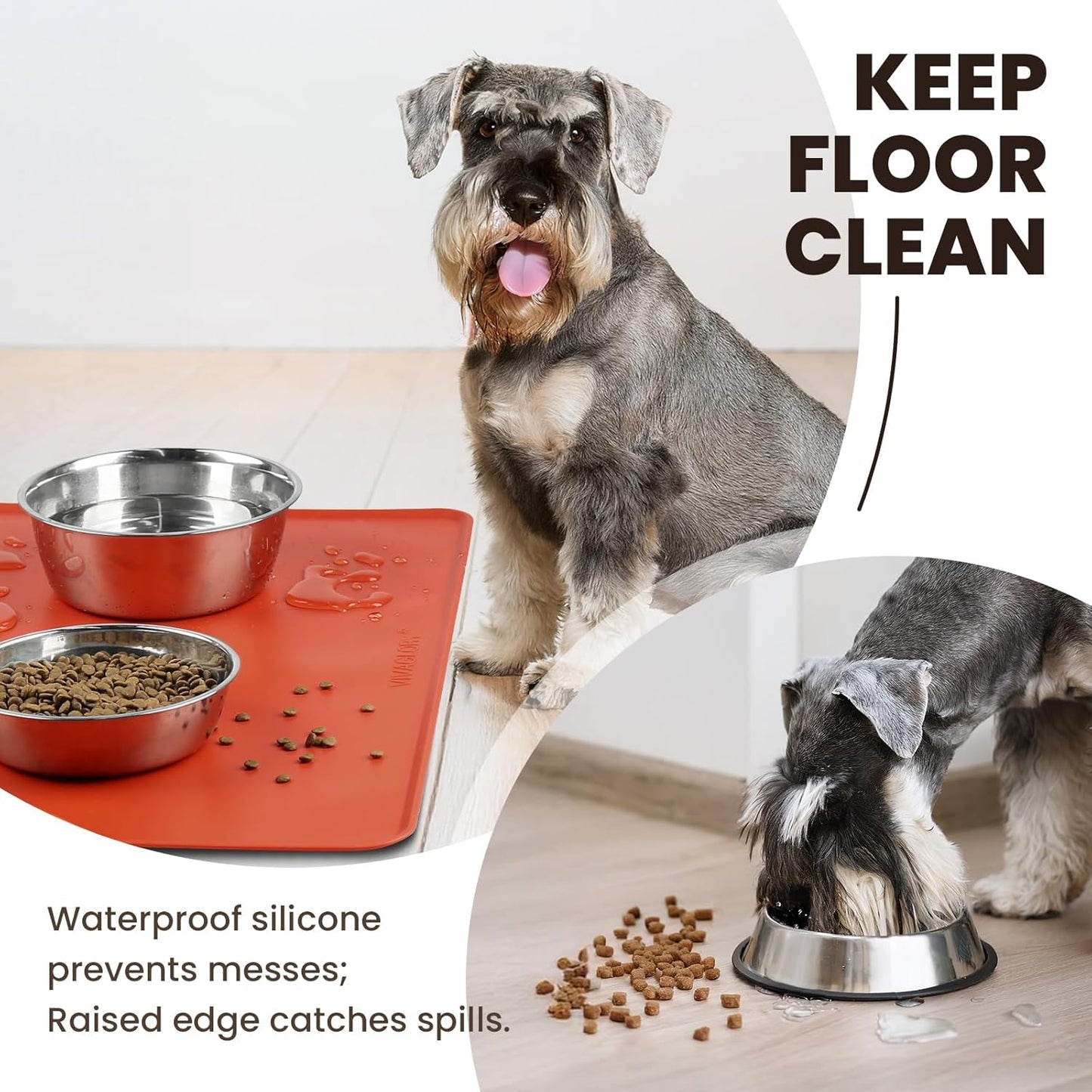VIVAGLORY Dog Food Mat Flexmat Dog Bowl Mat, Placemat Food Tray with Raised Edges & Lip for Indoor Floor, Non Slip Waterproof Silicone Dish Placemat for Cat & Pet, S, Grey