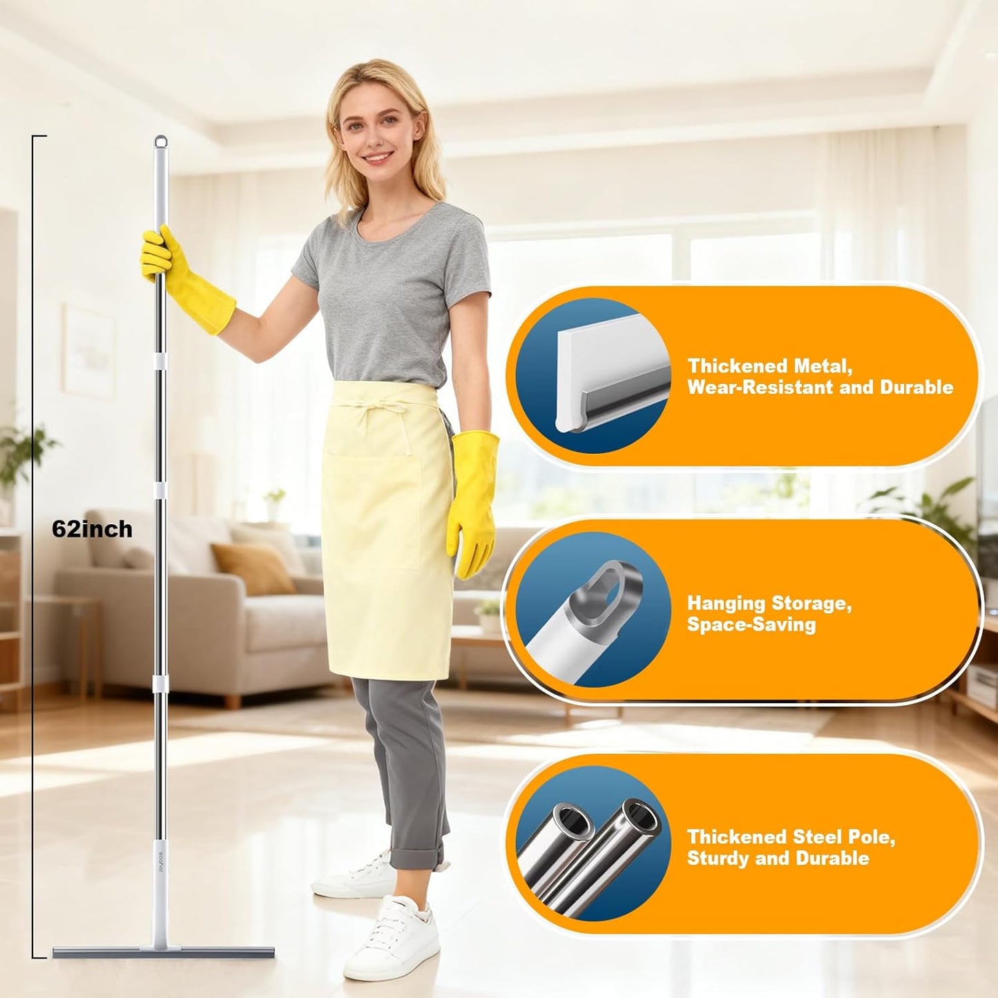 Rubber Squeegee Broom for Floor,62" Long Handle Window Squeegee, Silicone Pet Hair Remover,Magic Squeegee Broom for Indoor Cleaning,Cleans Glass, Hair, fine dust, Liquids, Suitable Smooth Floors, Rugs