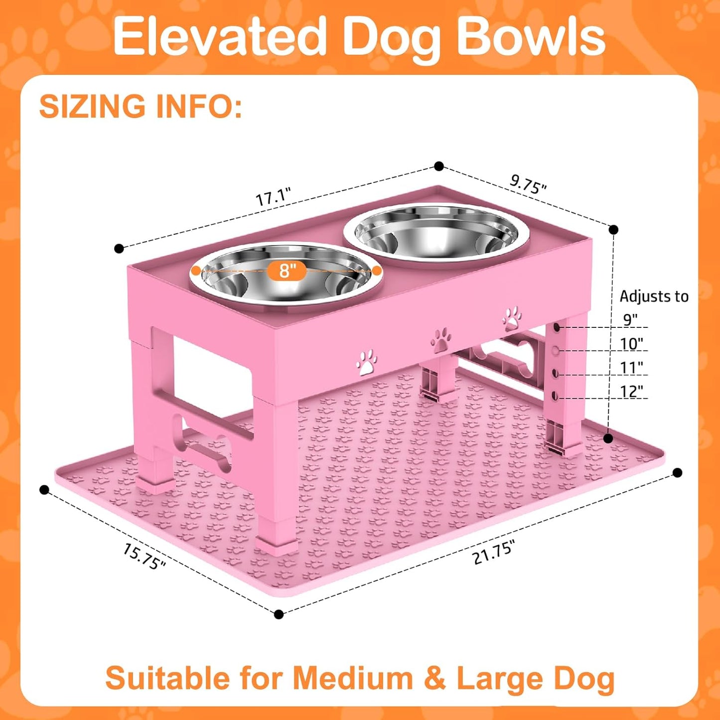 Elevated Dog Bowls with 2 Stainless Steel Bowls, 5-Height Adjustable Stand (3.1", 9" to 12"), for Improved Digestion & Neck Support, Easy Clean, Non-Slip Base Raised Feeder for Medium Large Dogs