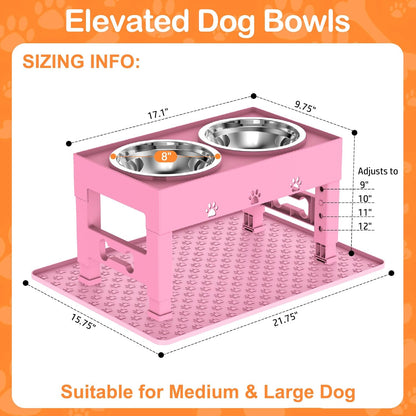 Elevated Dog Bowls with 2 Stainless Steel Bowls, 5-Height Adjustable Stand (3.1", 9" to 12"), for Improved Digestion & Neck Support, Easy Clean, Non-Slip Base Raised Feeder for Medium Large Dogs