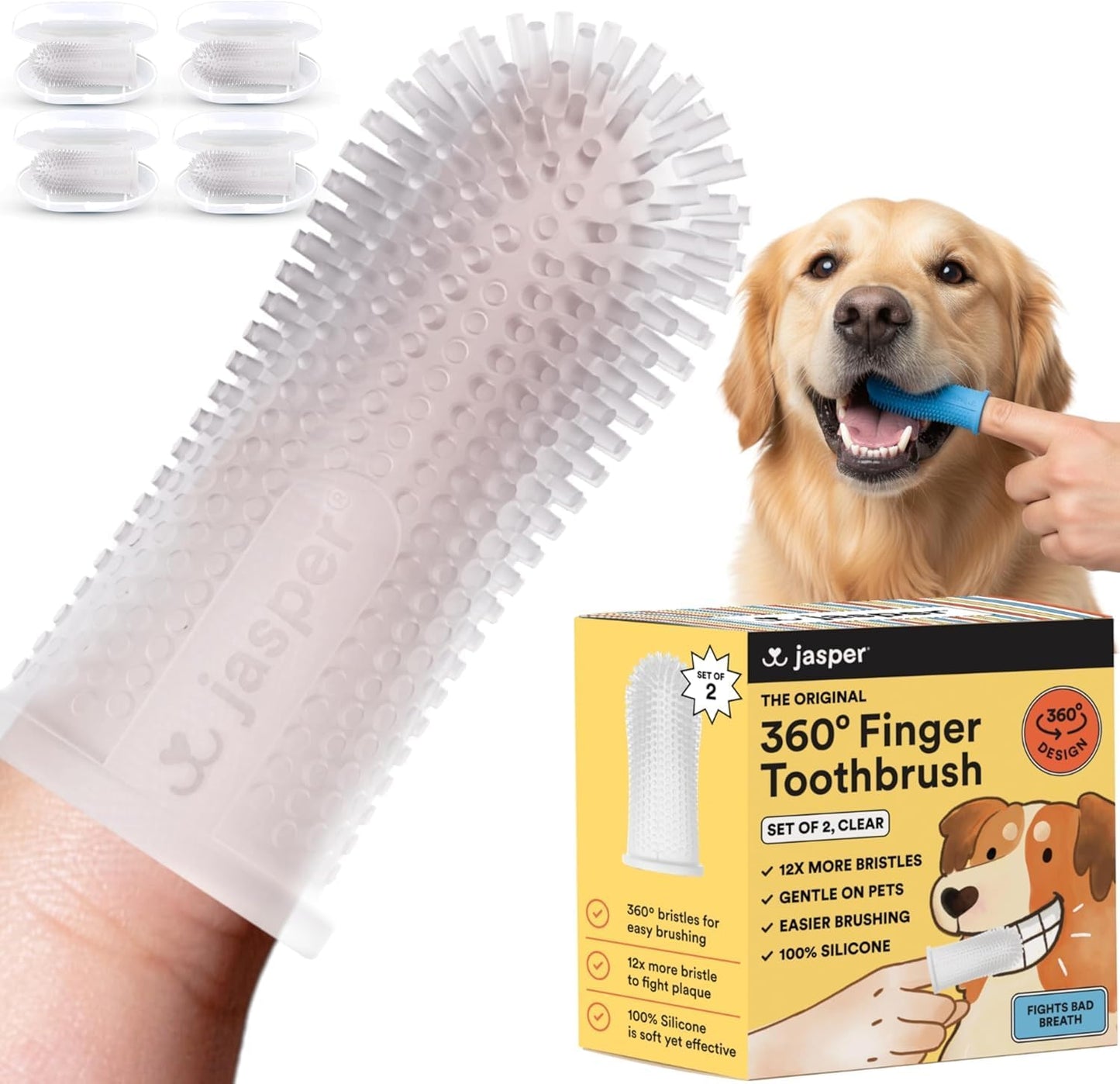 Jasper Dog Toothbrush, 360 Degree Dog Tooth Brushing Kit, Cat Toothbrush, Canine Dental Care & Teeth Cleaning Kit, Pet Finger Tooth Brush, Use with Pet Toothpaste, 4-Pack Blue