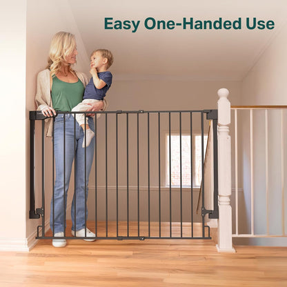 Cumbor 29.2–43" Baby Gate for Stairs, Hardware Mounted (Drill Required), Expandable No Bottom Bar Dog Gate, Auto Close Extra Wide Walk Thru, Pet & Toddler Proof Gate, Top & Bottom of Stairways(Black)