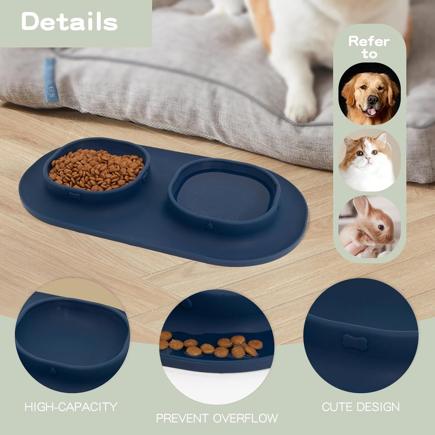 Dog Food Bowls Pet Bowls & Dog Water Bowls with No-Spill and Non-Skid, Feeder Bowls with Dog Bowl Mat for Small Medium Large Size Dogs Cats Puppy Pets, Dog Dishes (Green)