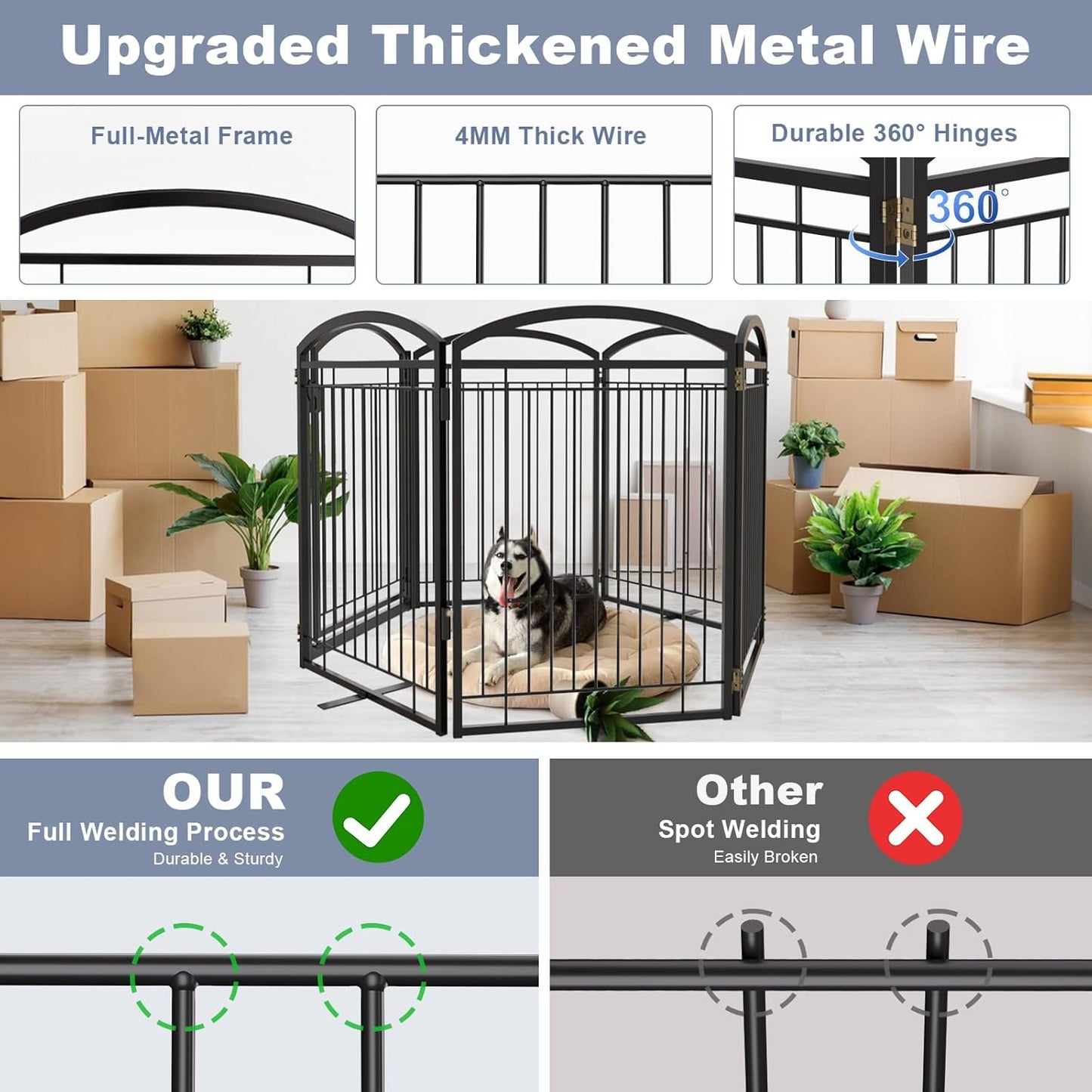 Full Metal Free Standing Dog Gate with Door for Indoor & Outdoor,96'' Extra Wide 32'' Tall Dog Gate for The Doorways,Large Openings,Decks,Porch,Pet Freestanding Safety Fence(4 Panels,Black)
