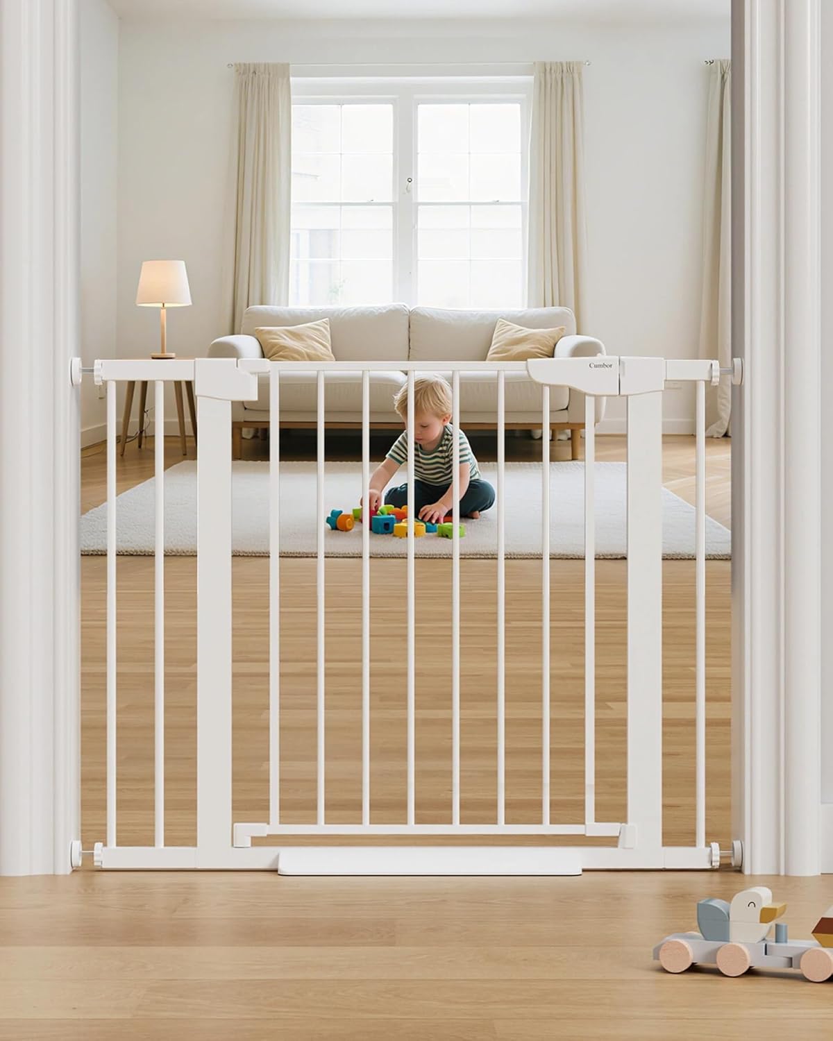 Cumbor 36.6-64" Extra Wide Baby Gate for Stairs, Dog Gates for Doorways, Auto-Close Pet Gate Indoor, Pressure Mounted Walk Through Safety Child Gate for Kids Toddler, Tall Pet Puppy Fence Gate, Brown