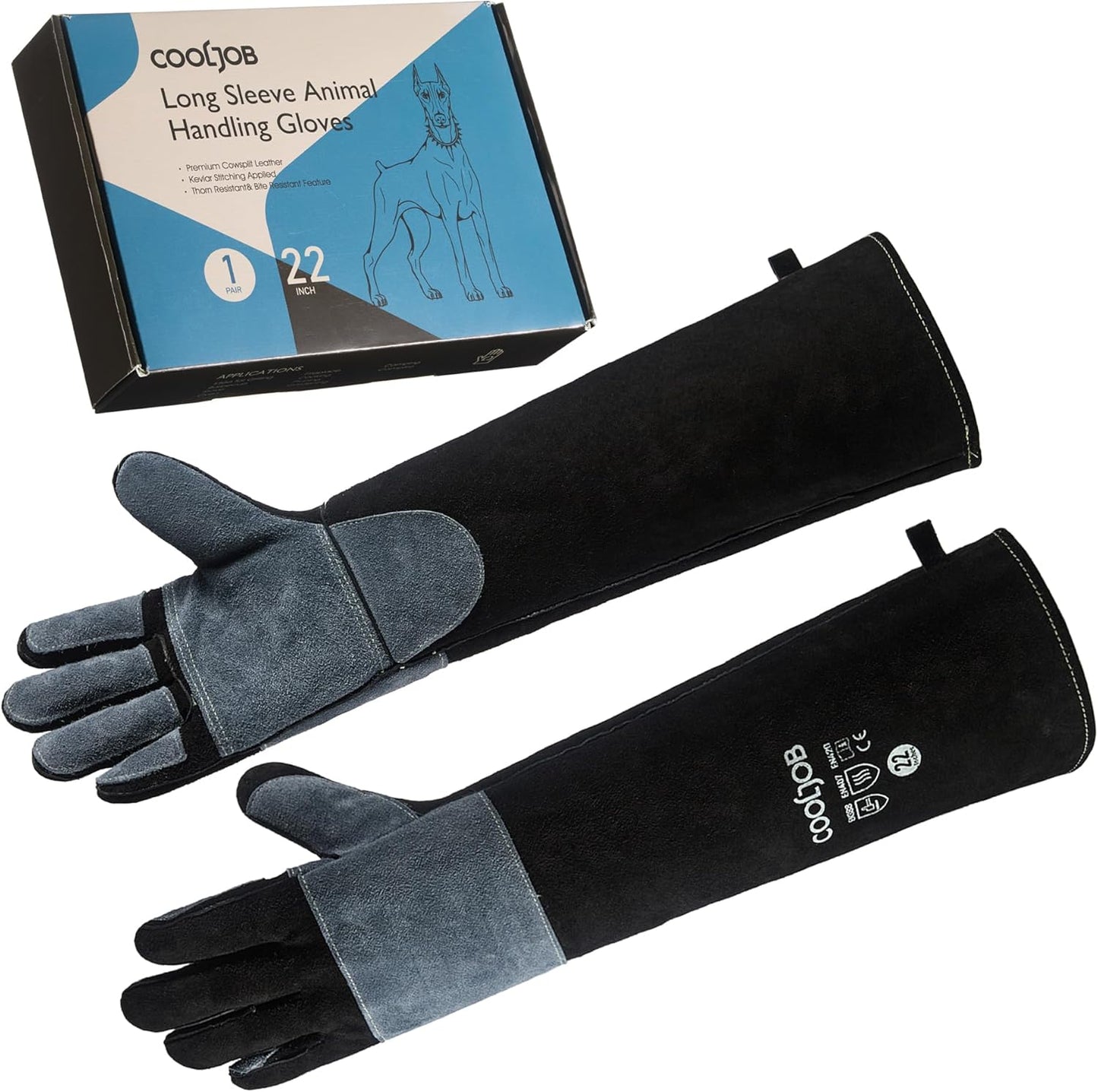 COOLJOB Bite Proof Animal Handling Gloves, Cowhide Leather with Kevlar Stitching for Cat Grooming, Dog Training, 16/22”