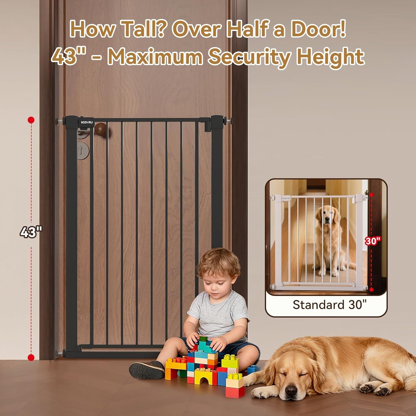 43 inch Tall Safety Dog Gate Adjustable 29.7-45.2 inch Extra-Wide Metal Pet Gate Drill-Free Pressure-Mount Installation kit Self-Closing Cat Gate for Stairwells、Doorways（White）