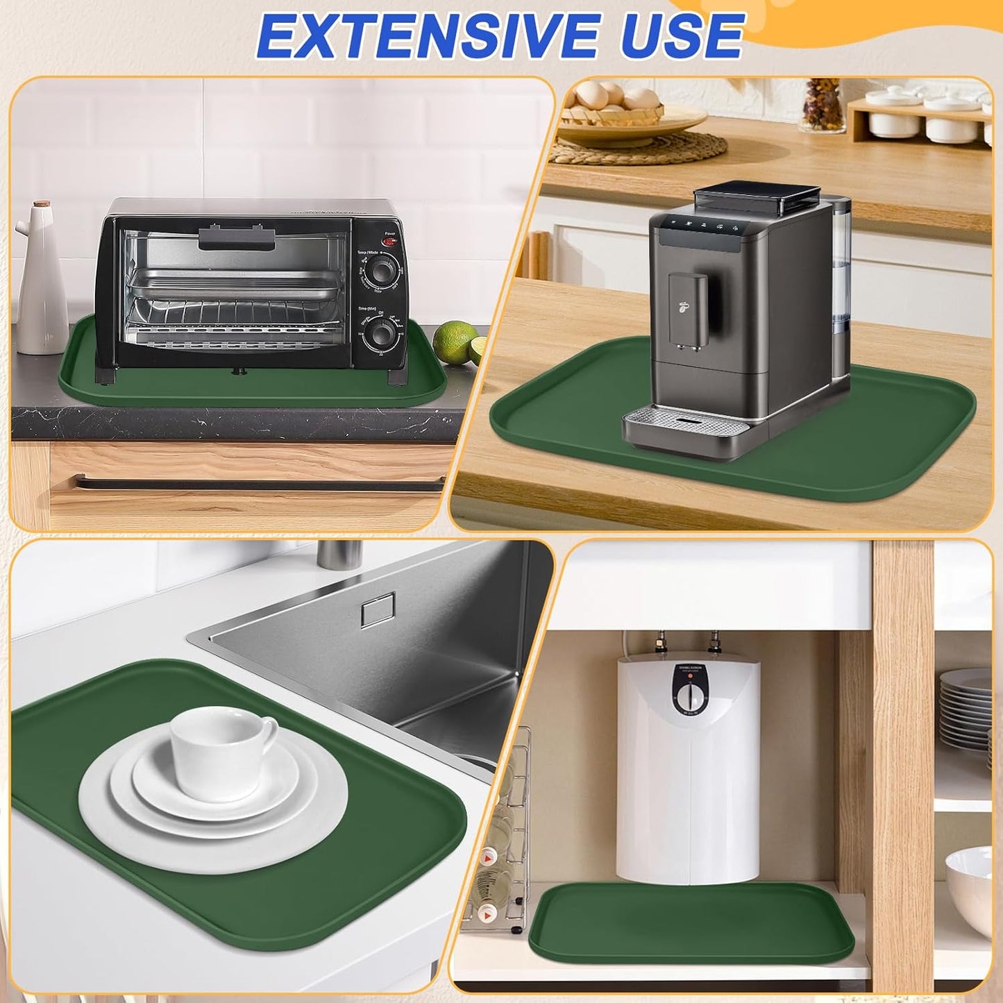 Small Silicone Pet Food Mat with Raised Edge for Food and Water Bowl, Square Dog Feeding Mats, Cat Food Trays for Floor Waterproof, Rubber Tray for Dogs and Cats, 12 x 12 x 0.7 Light Olive Green