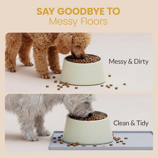 Silicone Pet Feeding Mat - 100% Waterproof Dog & Cat Bowl Pad with Raised Edges - Protects Floors from Messy Eaters & Spills - Anti-Slip, 100% PET-Safe, Dishwasher Safe (Grey 18.5"x11.5")