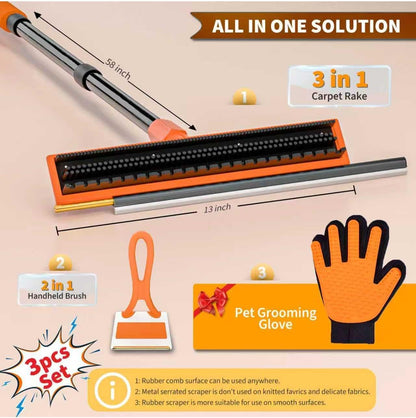 Carpet Rake for Pet Hair Removal - Reusable Dog & Cat Hair Remover with 58" Reinforced Steel Handle, 3-in-1 Professional Modular Rug Rake & Scraper Tool for Shag Rugs, Couch, Stairs (Gray)