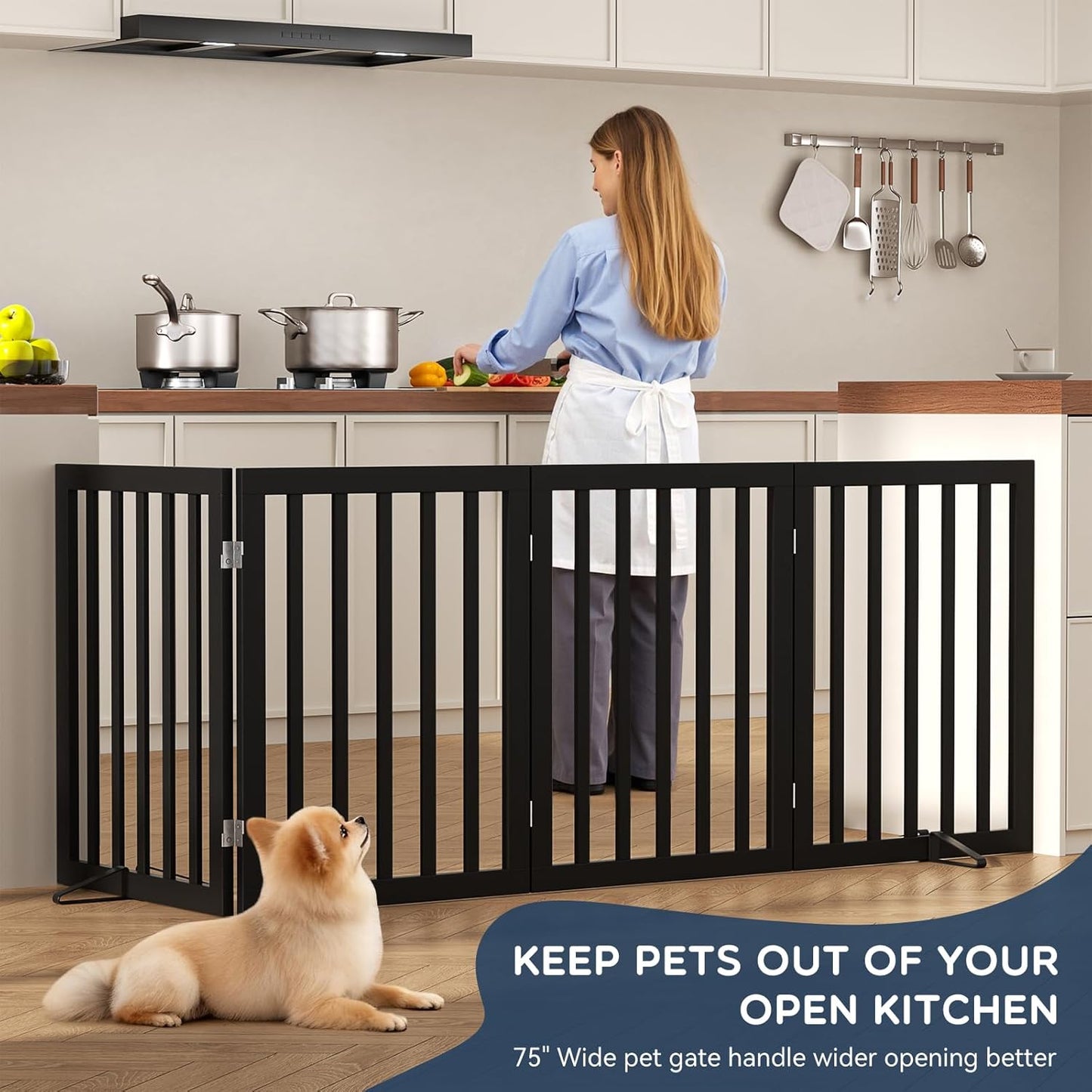 Homykic Bamboo Freestanding Dog Gate, No Assembly Pet Gate Indoor, 24”H x 75”W Extra Wide Foldable Puppy Fence with Support Feet for the House, Doorways Stairs, 4 Panels, No Drilling, Espresso