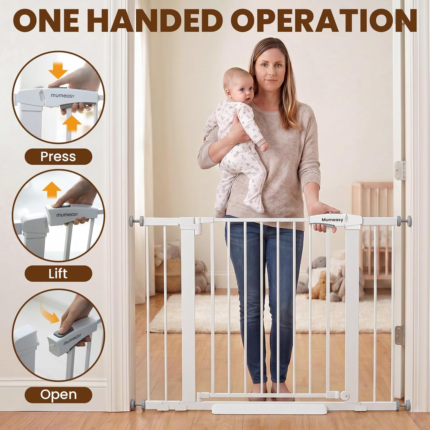 Mumeasy 29.7-46" Baby Gate for Stairs, Pressure Mounted Dog Gate for Doorways, Auto Close Walk Through Pet Gate Indoor, Extra Wide Metal Child Safety Gate, Mom's Choice Awards Winner, Black