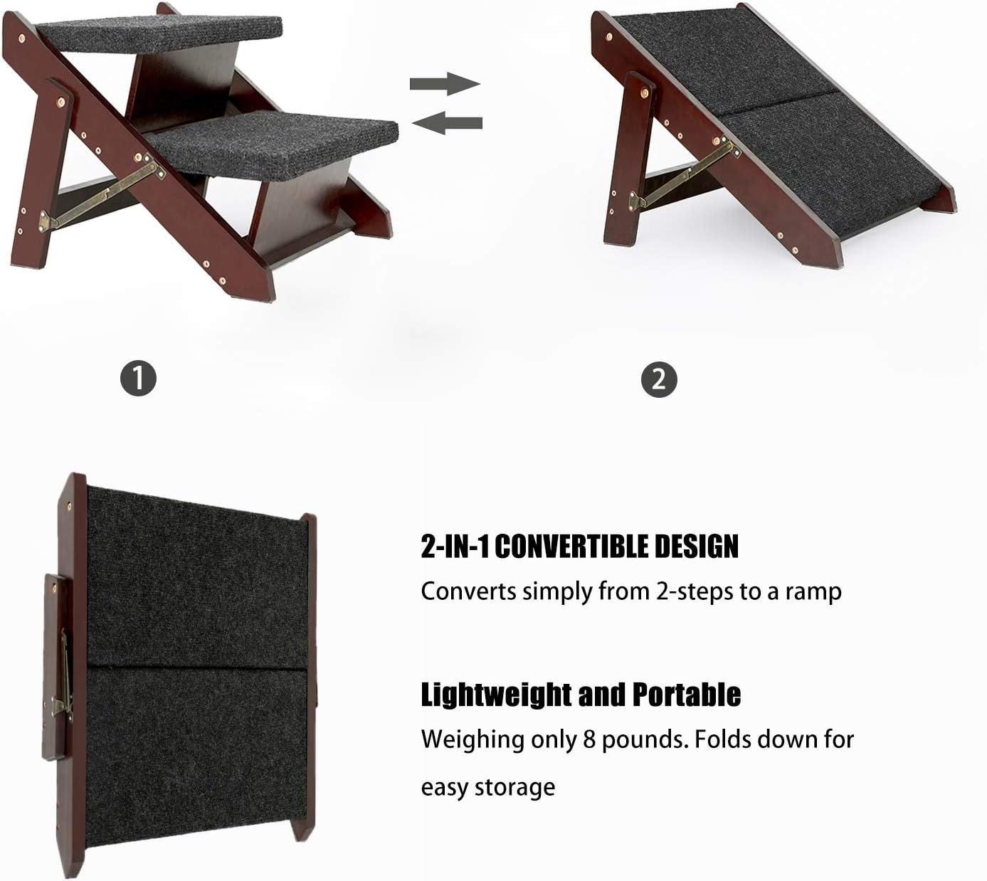 MEWANG Wooden Pet Stairs/Pet Steps - 3-in-1 Foldable Stairs & Ramp for Beds and Cars - Portable Dog/Cat Ladder Up to 220 Pounds - Great for Small and Older Animals(Brown) (24.8" L x 17.2" W x 19.5" H)