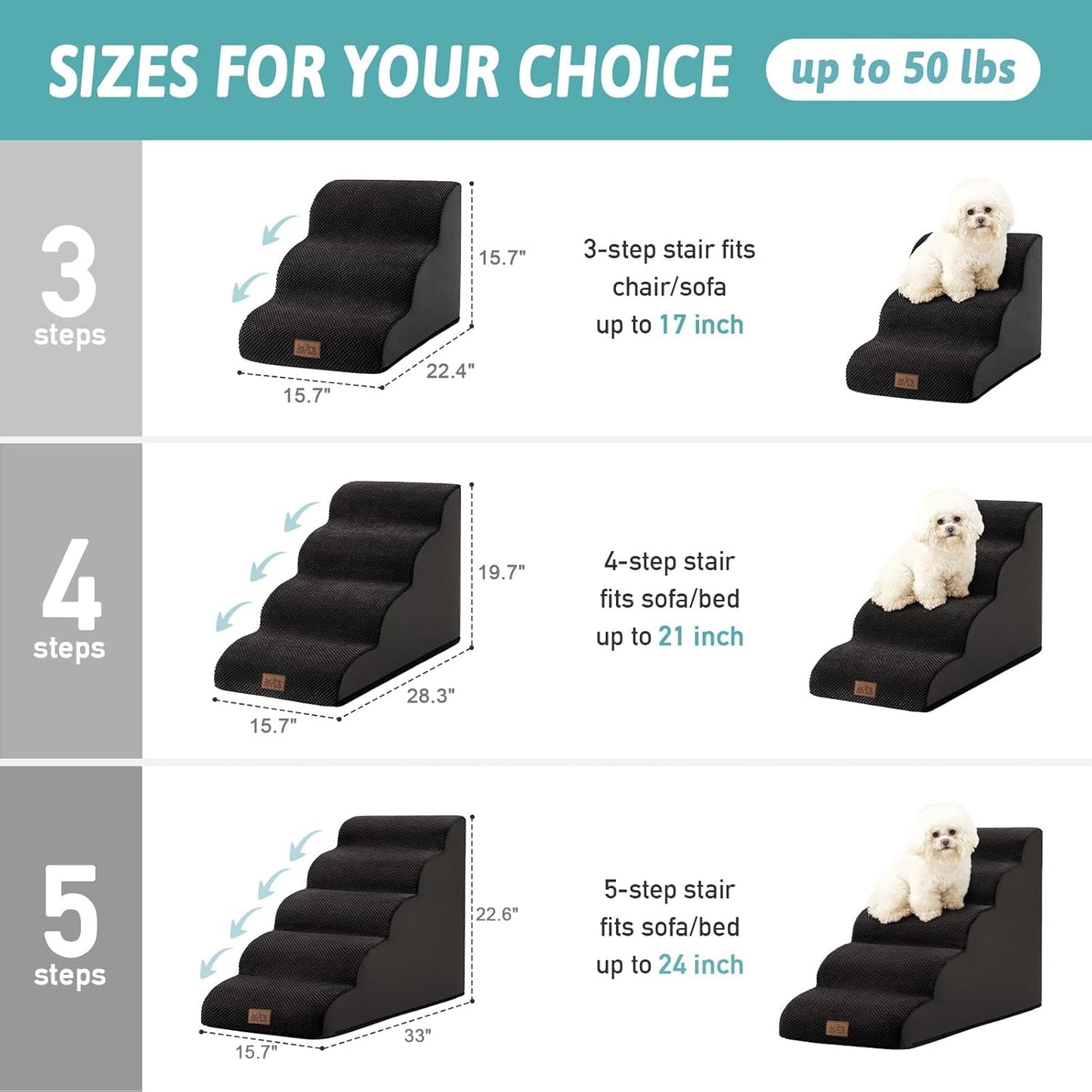 COZY KISS Dog Stairs for Small Dogs 15.7" H, Curved Dog Step for Puppy, Older Cat, Medium Pet Ramp for Sofa, Couch or Chair, Ladder with High Density Foam, 3 Step, 15.7x22.4x15.7 inch, Beige