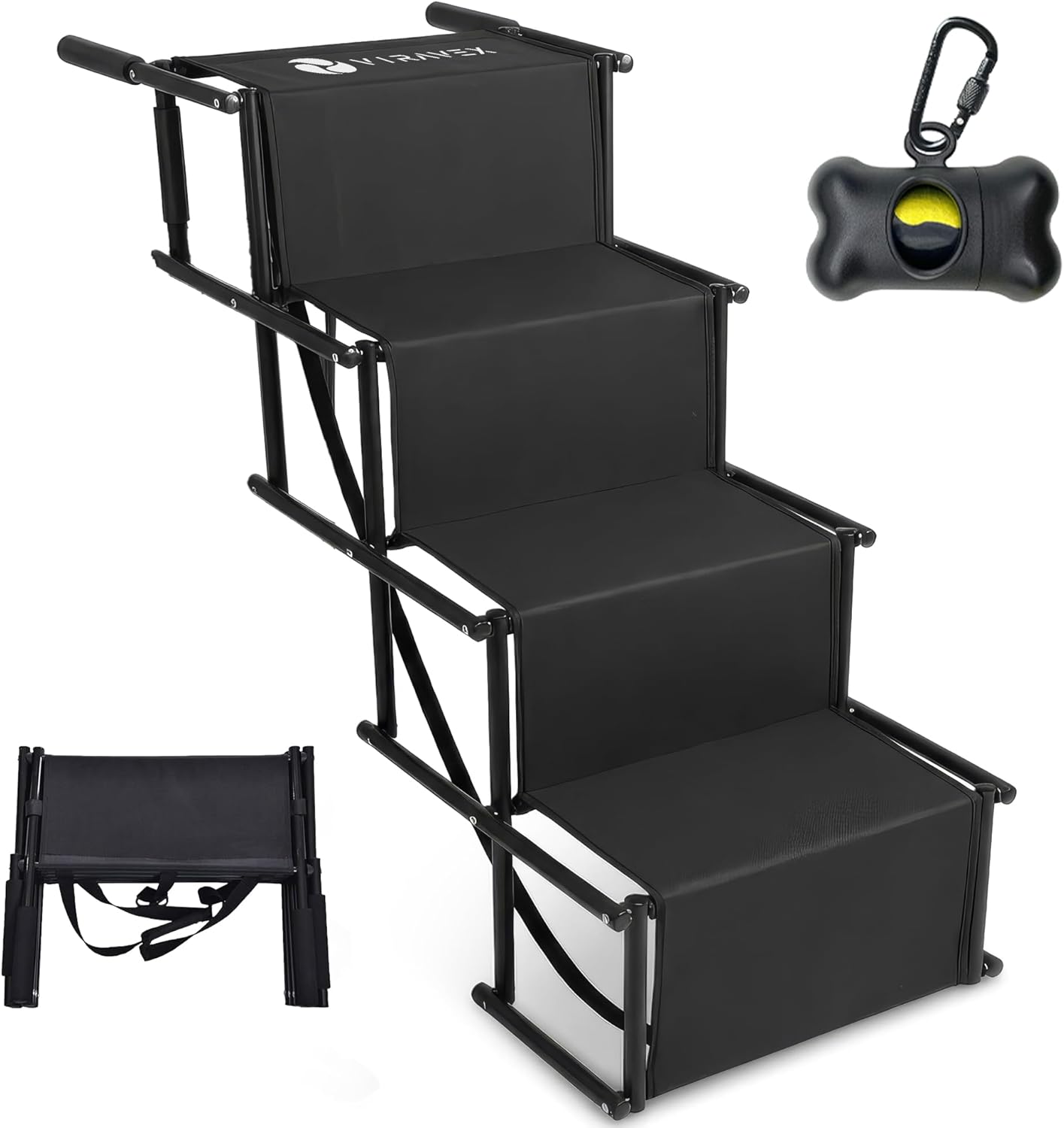 Dog Stairs for Car, Truck & SUV – Foldable Dog Steps for Small & Large Dogs with Anti Slip Surface & Poop Bag Dispenser, Lightweight Dog Ramp Holds Up to 130lbs