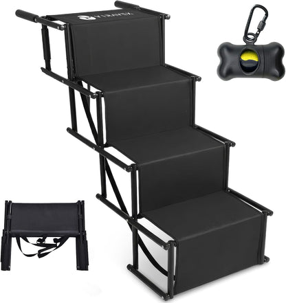 Dog Stairs for Car, Truck & SUV – Foldable Dog Steps for Small & Large Dogs with Anti Slip Surface & Poop Bag Dispenser, Lightweight Dog Ramp Holds Up to 130lbs
