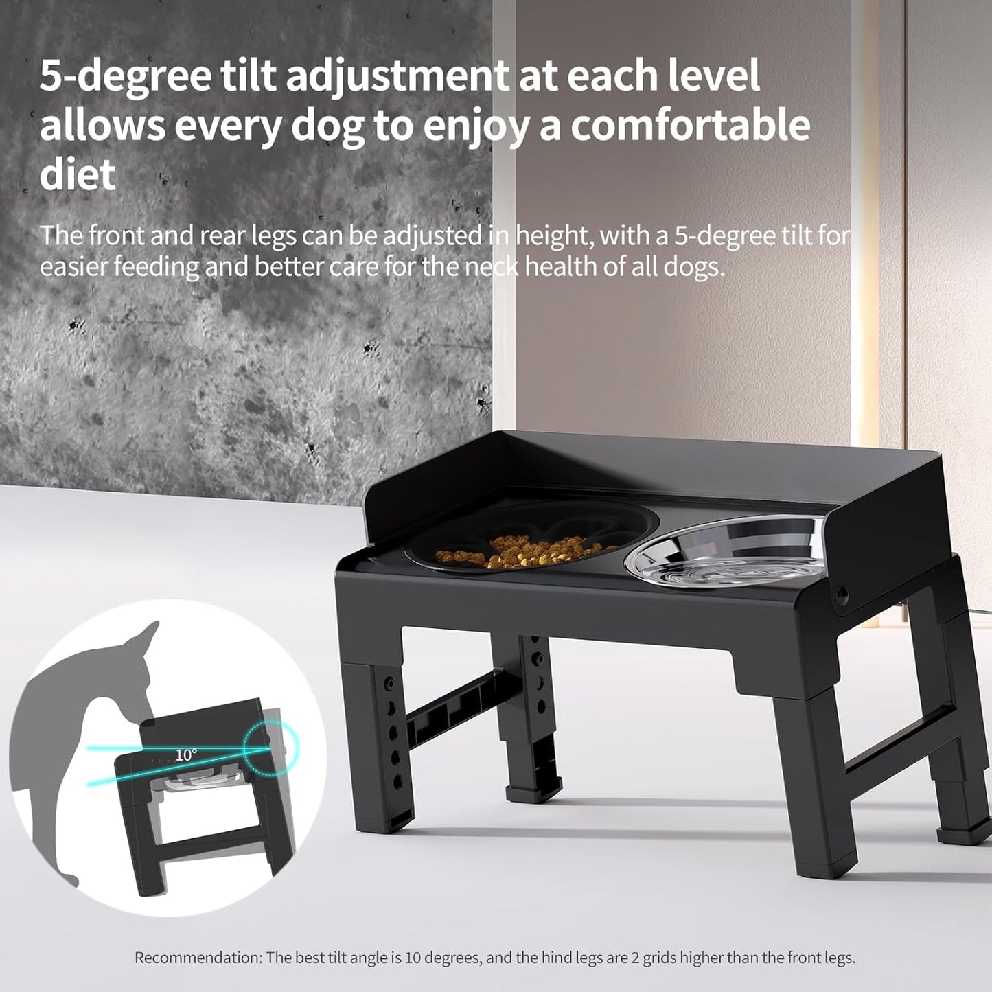 PAKEWAY Elevated Dog Bowls, Spill Proof, Tiltable Dog Feeder with 2 Stainless Steel Bowls, 6 Height Adjustable Raised Bowl