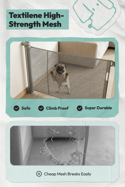 15.7" H Mesh Short Dog Gate, Extends Up to 59" W Retractable Pet Gate with Drill Installation, Small Dog Gate for Stairs, Easy Step Over Low Puppy Gate for Doorways Indoor Outdoor, Black