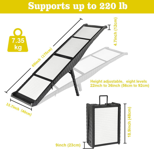 Foldable Dog Ramp for Cars, 8 Adjustable Heights Pet Ramp with Support Legs, Non-Slip & Easy to Clean Portable Dog Ramp, Supports 220 lbs, Foldable to Carry-On Size, Ideal for Large Dogs