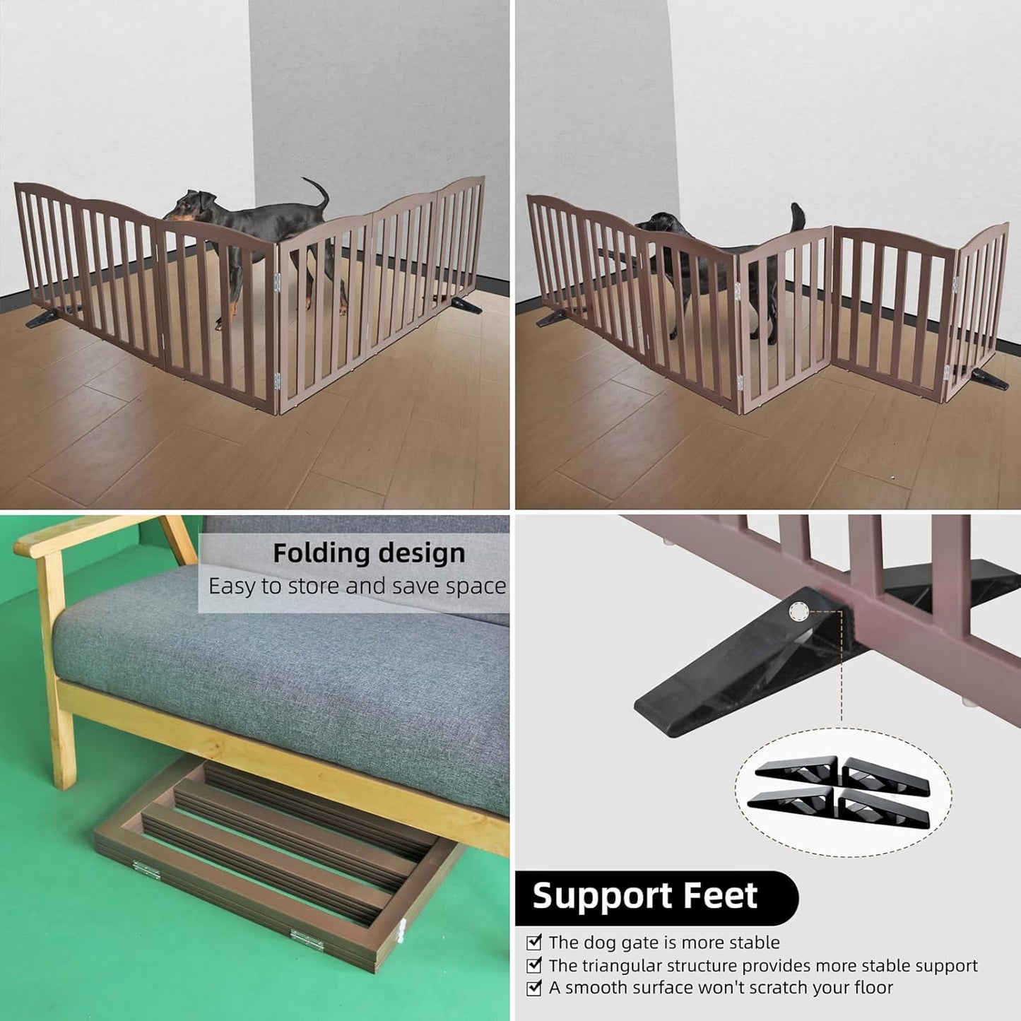 ZJSF Foldable Freestanding Indoor Dog Gate for House Wood White Long Pet Gates Dog Fence for Stairs Puppy Gates for Hallways,Pet Fence, Puppy Gate,Support Feet Included 24 "Height-3 Panels