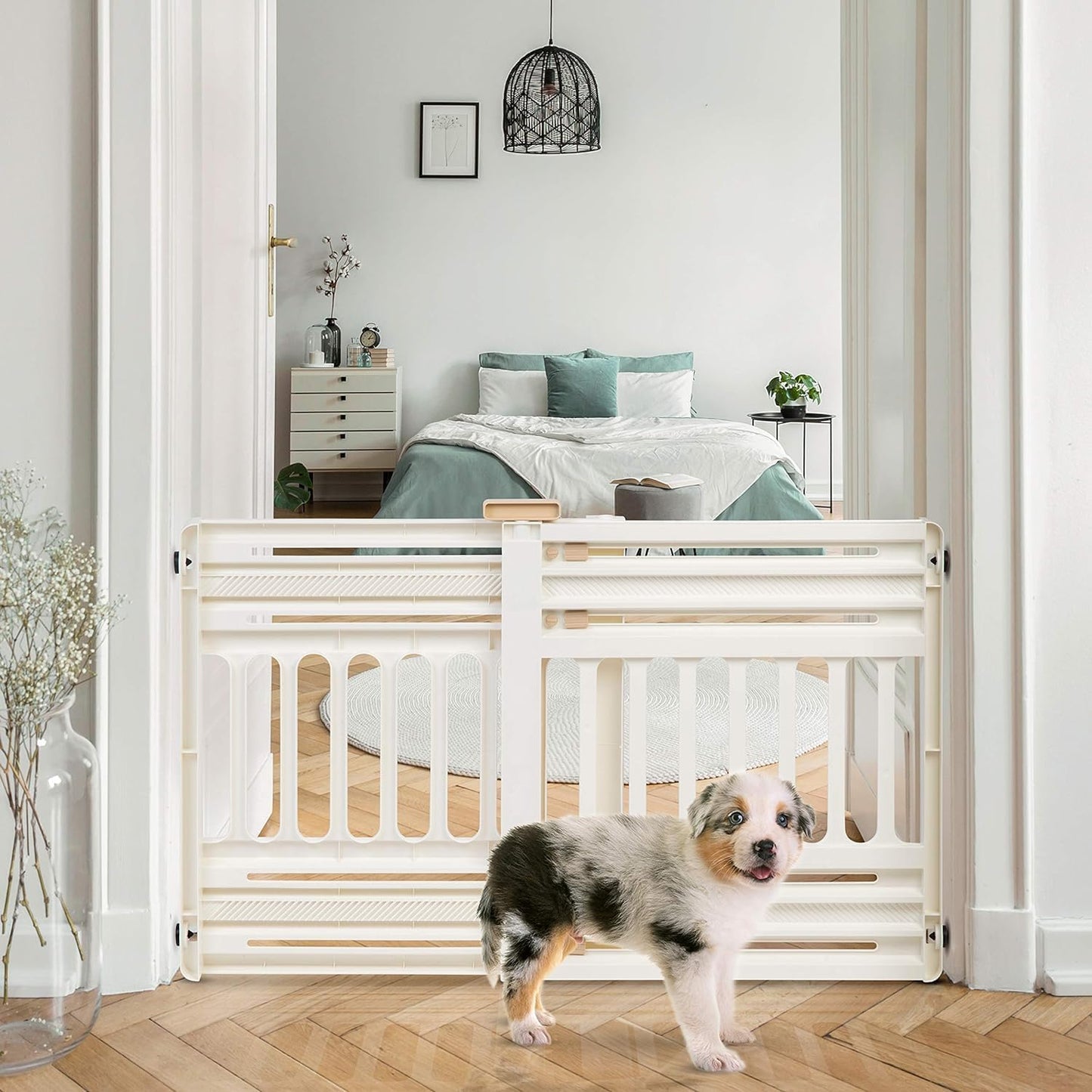IRIS USA 24"-39" Dog Gate, Adjustable Indoor Pet Barrier, Pet Gate for Puppy, Small Dog, Cat, Easy Twist-to-Lock for Doorways & Stairs, Portable, Expandable, 25" Tall, White