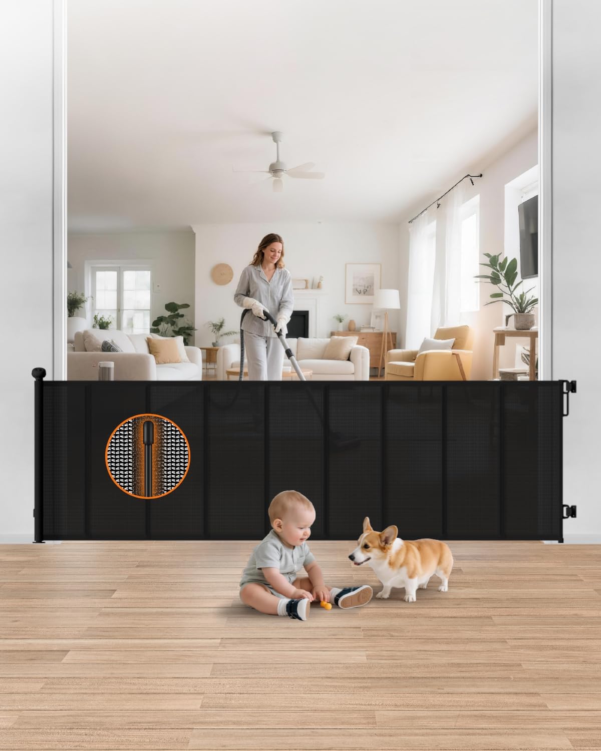 Retractable Baby Gate, 55" Wide Mesh Gate with 4 Reinforced Rods, Prevents Kids & Dogs from Crawling Under, 34" Tall Easy-to-Use Pet Gate for Stairs, Bedrooms, Hallways, Indoor/Outdoor, White
