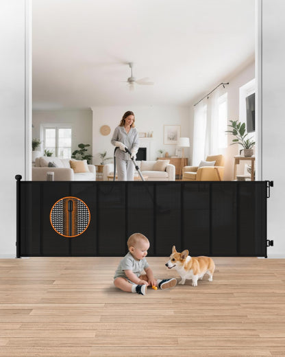 Retractable Baby Gate, 55" Wide Mesh Gate with 4 Reinforced Rods, Prevents Kids & Dogs from Crawling Under, 34" Tall Easy-to-Use Pet Gate for Stairs, Bedrooms, Hallways, Indoor/Outdoor, White