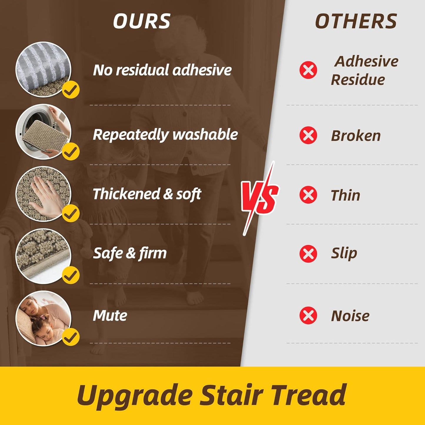 JSEI Stair Treads for Wooden Steps, 14 Pack 9" X 28" Non-Slip Machine Washable Carpet Stair Treads with TPE Backing, Soft Indoor Stair Rug Runner for Kids Elders & Pets, 100% Polyester, Greyish Brown