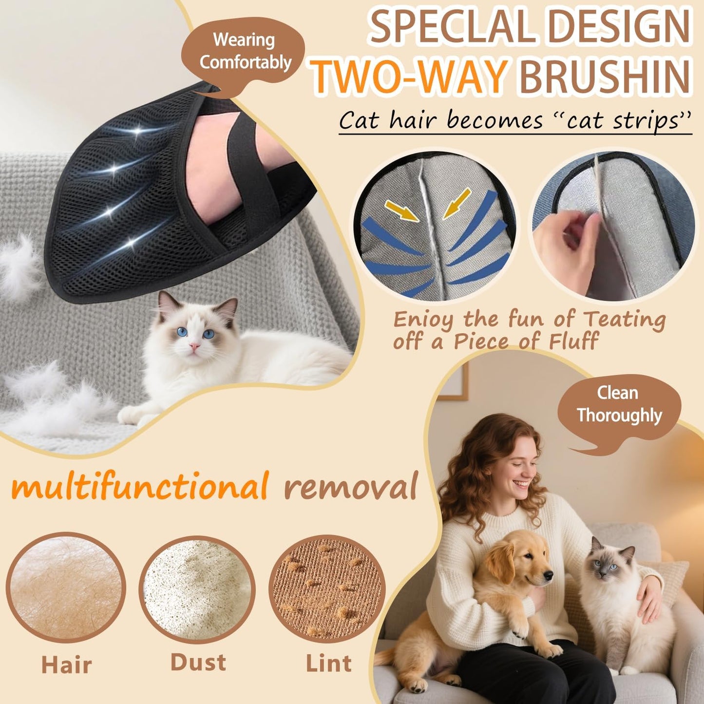 Pet Hair Removal Glove, Electrostatic Five-Finger Design, Reusable Fur Remover for Cats, Dogs, Couch, Carpet, Car Seat (1PCS)