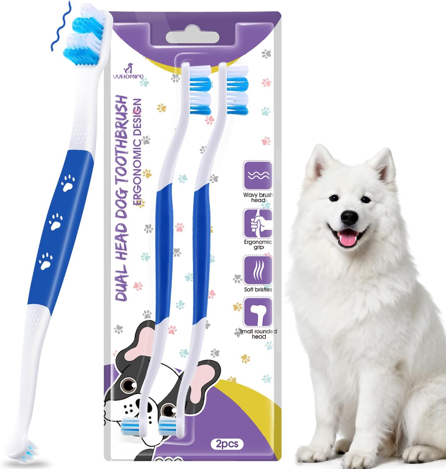 Dog Toothbrush – Newly Upgraded Dual-Head Design with 60° Wavy Bristles – Gently Surrounds Teeth for Deep Cleaning and Plaque Removal – Non-Slip Handle, Ideal for Daily Pet Dental Care (Pink, 1-Pack)