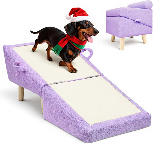 16.5'' Dog Ramp for Small Dogs & Cats, 2-in-1 Foldable Dog Stairs & Ottoman for Couch, Low Bed, Sturdy Wooden Frame, Joint-Friendly Gentle Incline, Non-Slip Surface, Light Purple