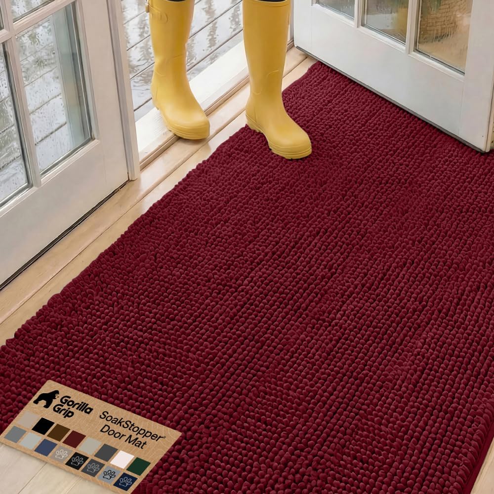 GORILLA GRIP SoakSTOPPER Dog Door Mat, 30x20 Machine Washable Rug Absorbent Doormat Captures Moisture Mud Dirt, Quick Dry Soft Chenille Entryway Rugs Indoor Entrance Mats for Dog Paws, Paw Grey