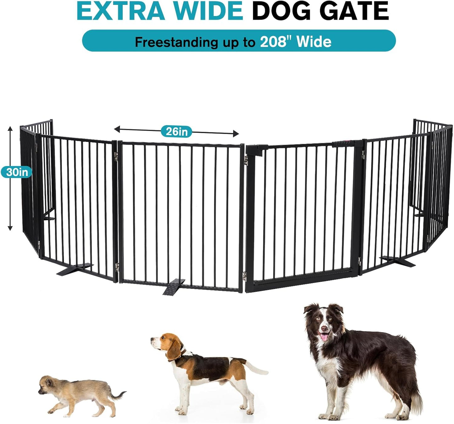 Snagle Paw Extra Wide Dog Gate,Free Standing Dog Fence with Door, Up to 104 Inch Wide Pet Gate with Support Feet for Stairs, Hallways, Doorways, Yard (Black, 4 Panels)